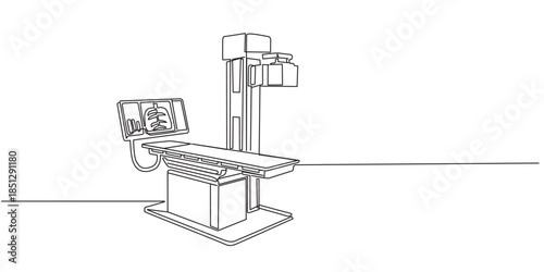 Digital Xray machine taking image continuous one line art drawing. Health care check up with radiology equipment. People diagnosis in hospital concept.