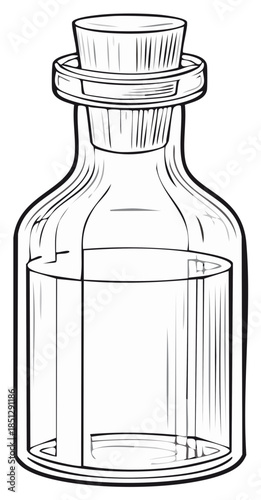 Black and white line art illustration of a vintage glass bottle with a cork stopper and liquid