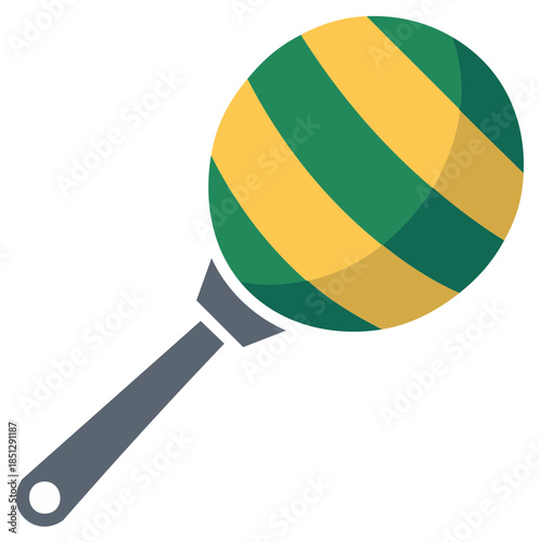 Striped maraca percussion instrument for music, children's toy in gold, green and grey colors with handle, music and culture