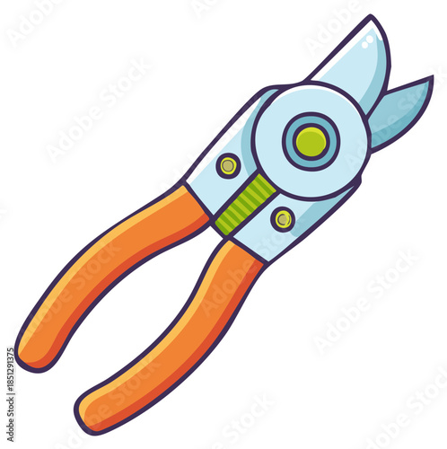Cartoon pruning shears with orange handles and metal blades for gardening tasks