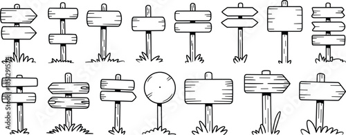Black and white wooden signpost illustration, hand-drawn signage set, directional board vector, rustic navigation clipart, sketch style design