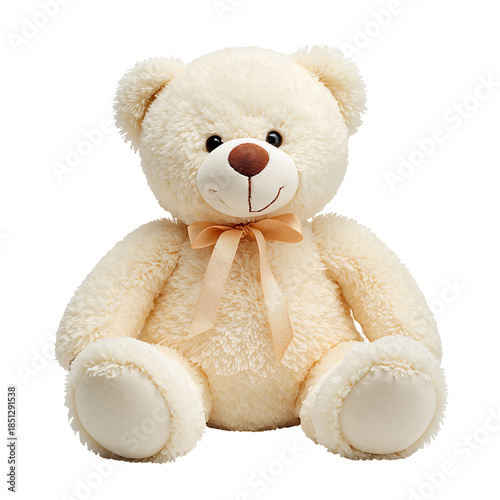 Soft Teddy Bear With a Bow Sitting Upright on a White Background