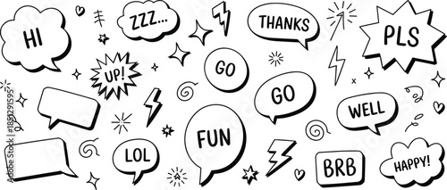 Cartoon speech bubble illustration, expressive comic text set, black and white doodle icons, fun chat symbols, hand-drawn artwork
