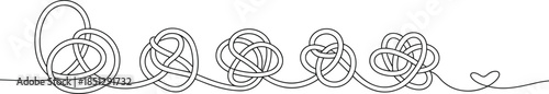Continuous line heart illustration, tangled knot to clarity, emotional journey sketch, abstract love symbol, black minimal vector artwork