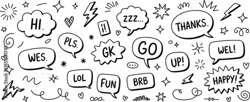 Hand-drawn speech bubble illustration, casual text doodles, comic chat icons, expressive vector set, fun decorative sketch, black line artwork