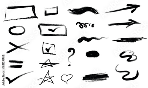 A collection of 20 hand drawn symbols signs and shapes in black on a white background including arrows punctuation and geometric marks