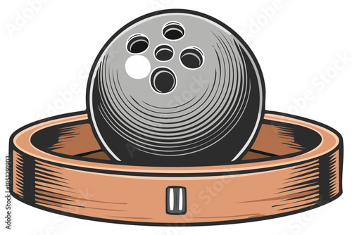 Bowling ball with finger holes and stylized ring support graphic illustration
