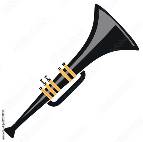 Illustration of a black and yellow trumpet musical instrument on white backdrop
