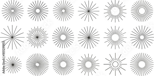 Radial burst pattern illustration, abstract sunburst vector set, circular line design, geometric symmetry artwork, black minimal graphic shapes