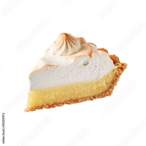 Lemon Meringue Pie Slice With Crust and Whipped Topping on a White Background