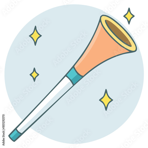 A colorful cartoon-style trumpet or party horn with sparkling stars against a soft blue circular background, illustration.