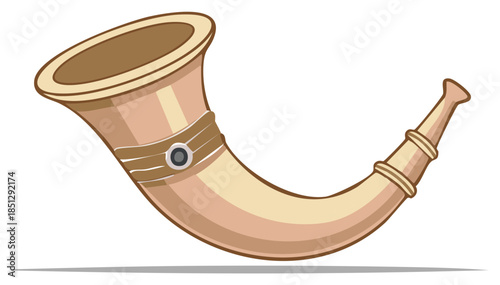 Traditional hunting horn made of natural material with decorative bands and a center ring