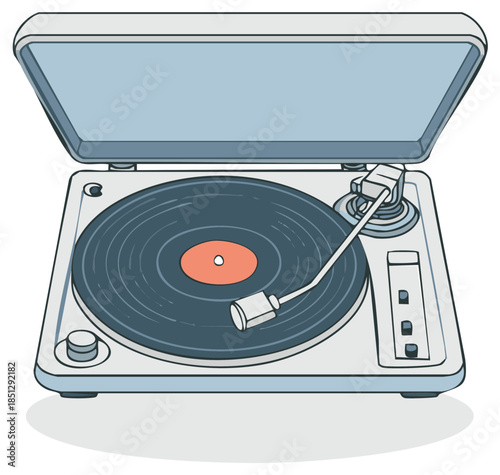 Vintage Style Turntable with Vinyl Record and Open Lid Cartoon Illustration