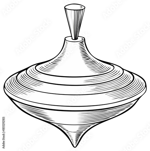 Illustration of a traditional toy top with a spindle and line art detailing on white.