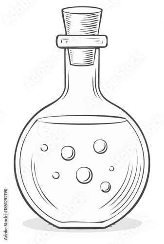 Sketch of a round glass potion bottle with bubbles and a cork stopper