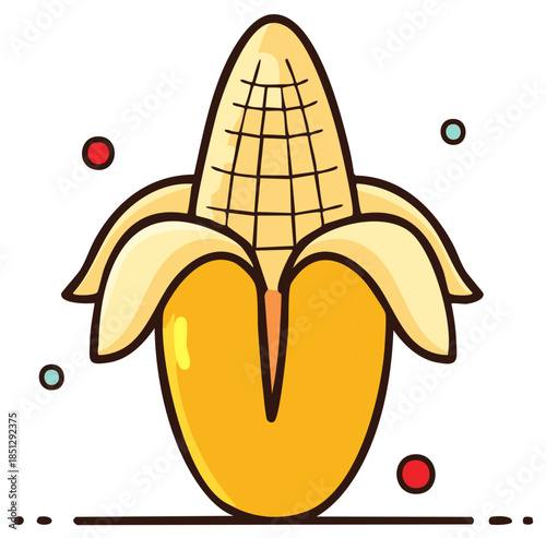 Cartoon-style illustration of a peeled corn cob with colorful accents.