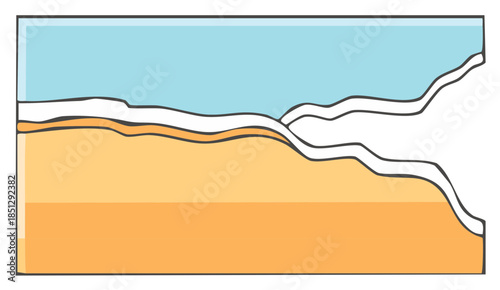 Vibrant minimalist beach scene with soft blue sky clear ocean water and warm sandy coastline