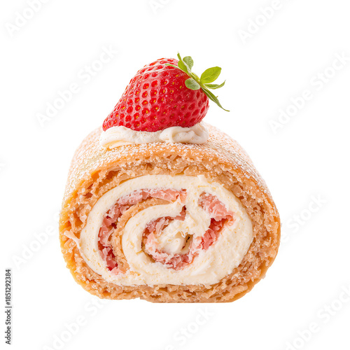 Delicious Roll Cake With Cream Filling and Fresh Strawberry Topping on a Whit...