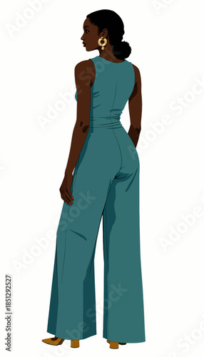 Fashionable Illustration of a Woman in Stylish Teal Jumpsuit with Gold Hoop Earrings and Elegant Stance Captures Modern Chic Aesthetic and Contemporary Fashion Trends