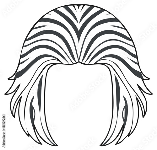 Striped retro hairstyle wig black and white vector line art illustration