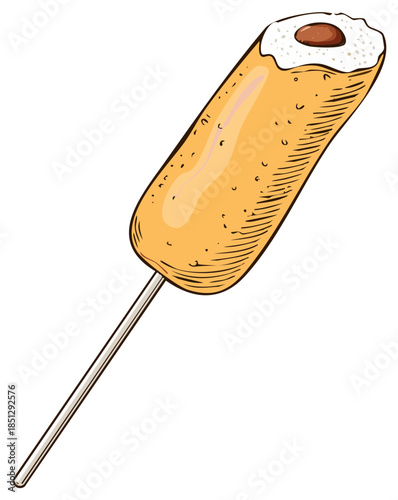 Colorful hand drawn illustration of a Korean corn dog street food snack on a stick