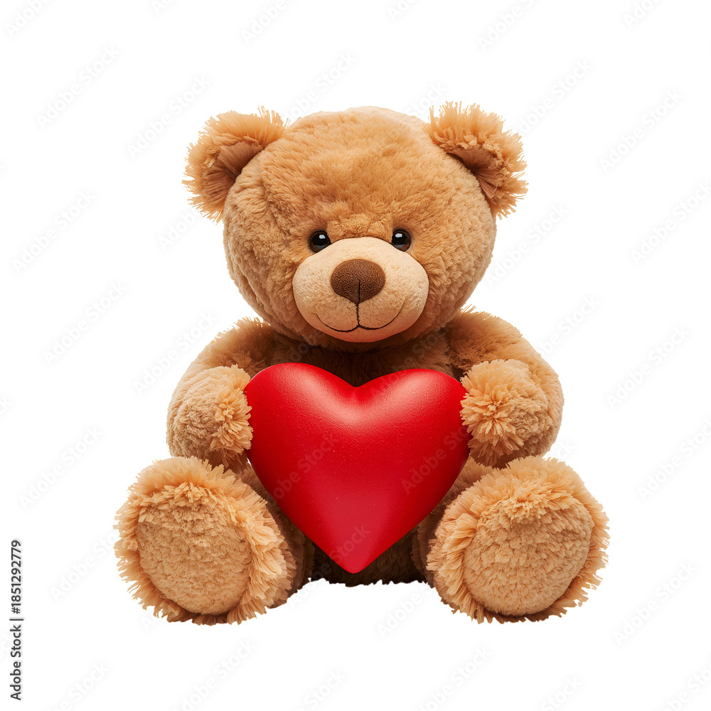 Obraz premium Soft Teddy Bear Holding Red Heart on White Background for Gift and Decoration