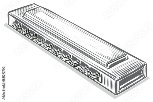 Engraved harmonica vector illustration. Musical instrument isolated on a white backdrop.