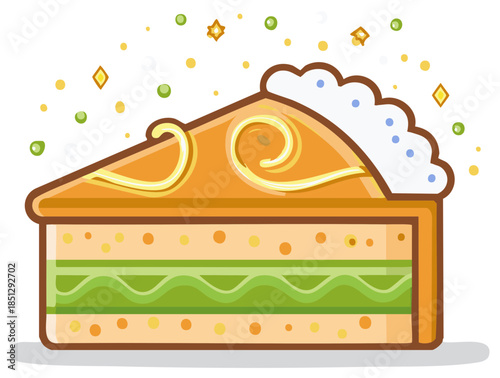 Festive cartoon slice of layered cake with green filling whipped cream and sparkles