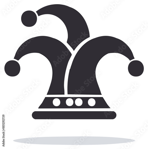 Dark stylized image of a jester's hat with three points and circular details