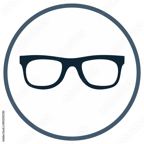 Stylized black hipster eyeglasses icon with thick frames inside a dark blue circle