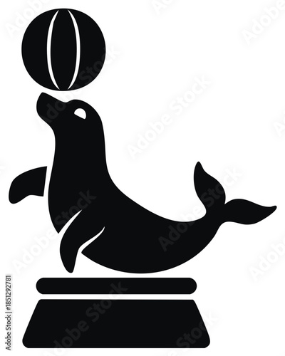 Simple black silhouette icon of a trained circus seal balancing a ball on a pedestal
