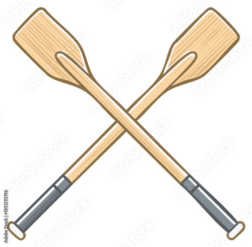 Two crossed wooden canoe paddles with grey grips and outlined blades symbolizing rowing