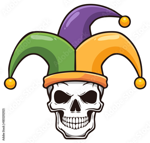 Skull wearing a colorful jester hat with Mardi Gras colors and pom-poms