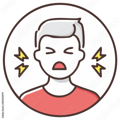 Illustrated person grimacing in severe head pain or discomfort, with expressive facial features and visual pain indicators