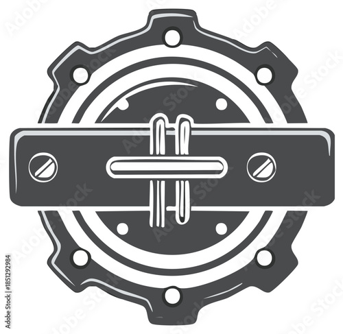 Gray industrial gear symbol with bolted crossbar and abstract technical element emblem