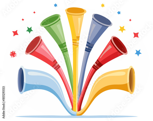 Colorful Plastic Horns Illustration with Celebration Stars for Party or Event