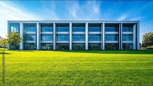 Modern office building with green lawn and blue sky background