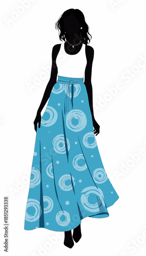 Elegant Silhouette of Woman in White Tank Top and Blue Maxi Skirt with Modern Geometric Circular Patterns, Celebrating Fashion and Style