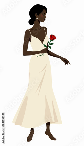 Elegant Illustration of a Woman Holding a Rose in a Flowing Ivory Dress with Delicate Spaghetti Straps and Barefoot Poise