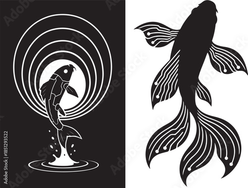 Abstract black and white fish artwork featuring a jumping koi and a detailed swimming fish Vector