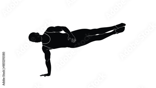 Silhouette of a person performing a yoga pose with one hand touching the ground and the other extended forward