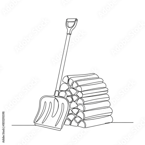 Shovel and firewood stack. One-Line Drawing: Snow Shovel and Stacked Firewood - Winter Season, Snow Removal, Wood Pile, Minimalism, Line Art, Simple Illustration