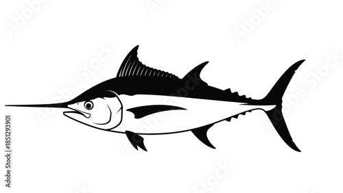 Black and white of a swordfish with a long bill and sharp fins marine
