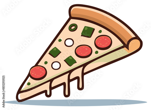 Illustration of a single slice of pizza, with melted cheese and toppings