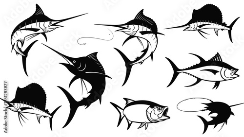 Black and white of various fish species swimming in different directions marine