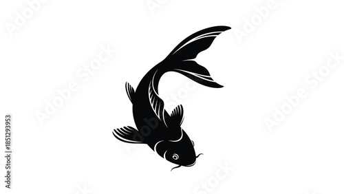 Black silhouette of a fish with flowing whiskers in a dynamic pose white