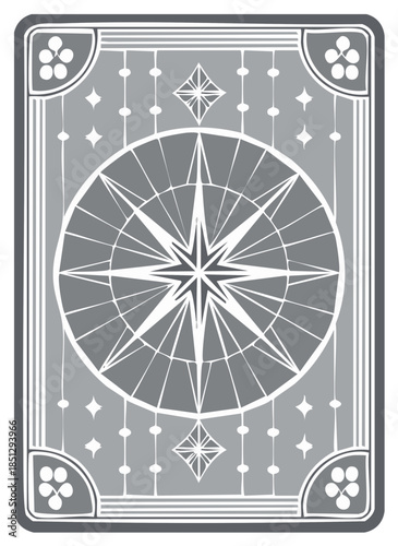 Ornate gray playing card back with intricate compass rose star design and decorative geometric borders