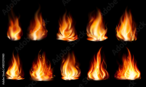 Realistic fire flames on a transparent background, fire effect, bonfire. Vector illustration