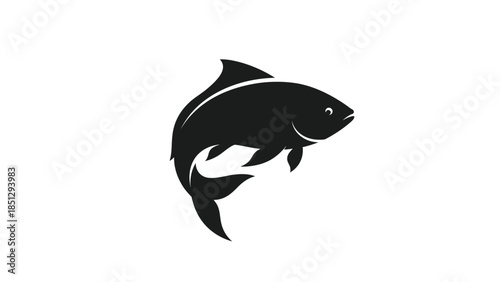 Black silhouette of a fish with whiskers swimming to the right white