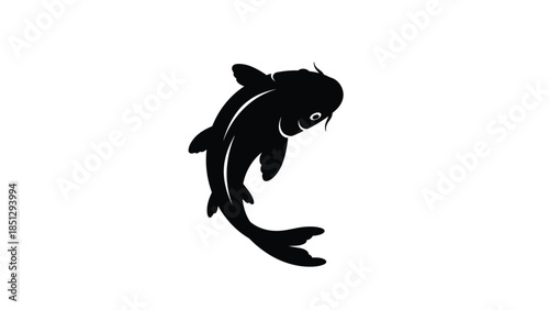 Black silhouette of a fish with whiskers swimming in water white